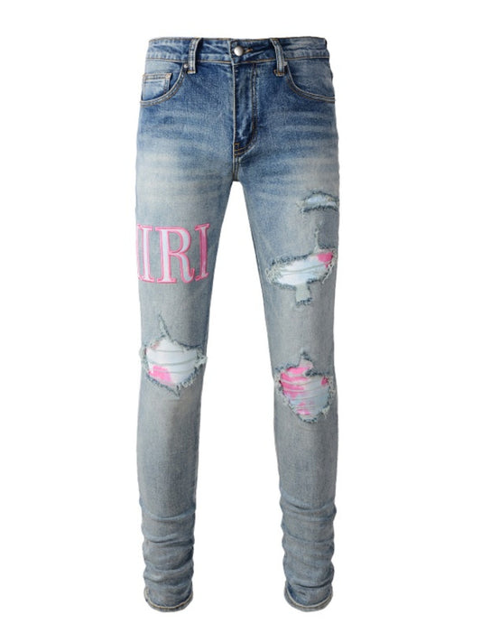 Denim Pink Writing Patch Jeans
