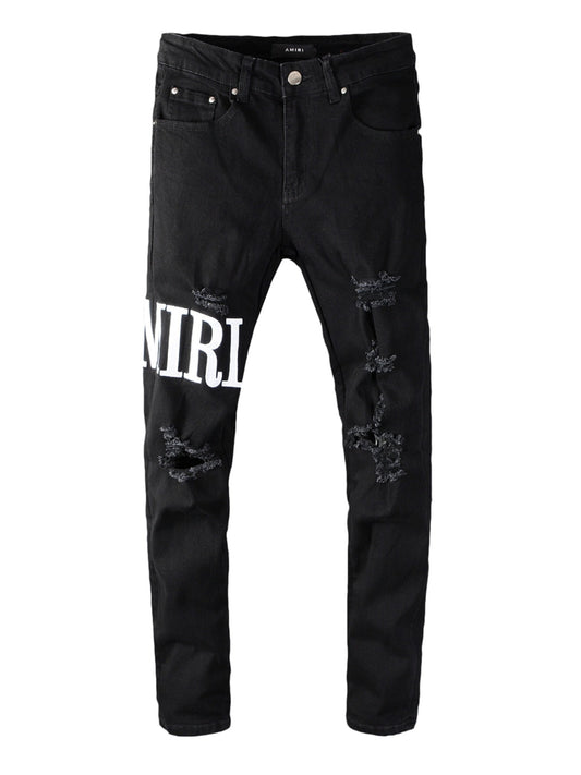 Black Denim White Writing Ripped Jeans