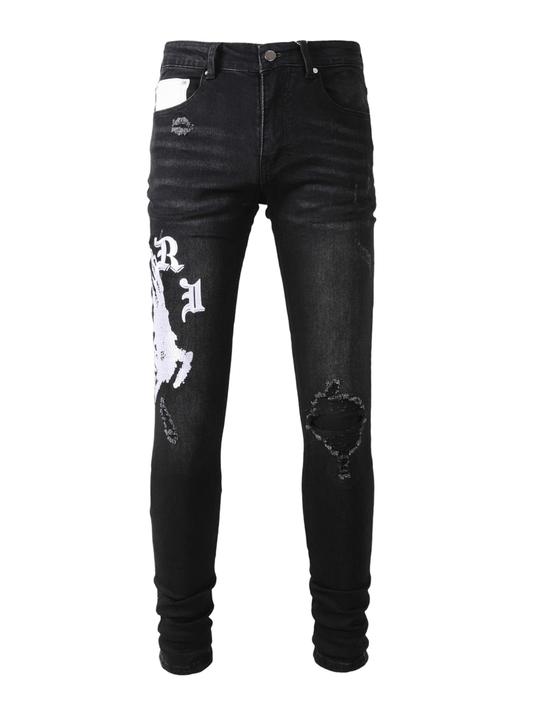 Black Graphic Ripped Jeans